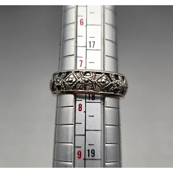 VTG Sterling Silver & Marcasite Lace Filigree 6.3mm Band Ring Size 7.5 Signed - Picture 7 of 7